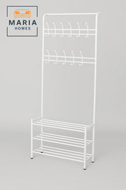 White Coat Rack with 12 Hooks & Metal Shoe Rack Ð 190x79x28 cm