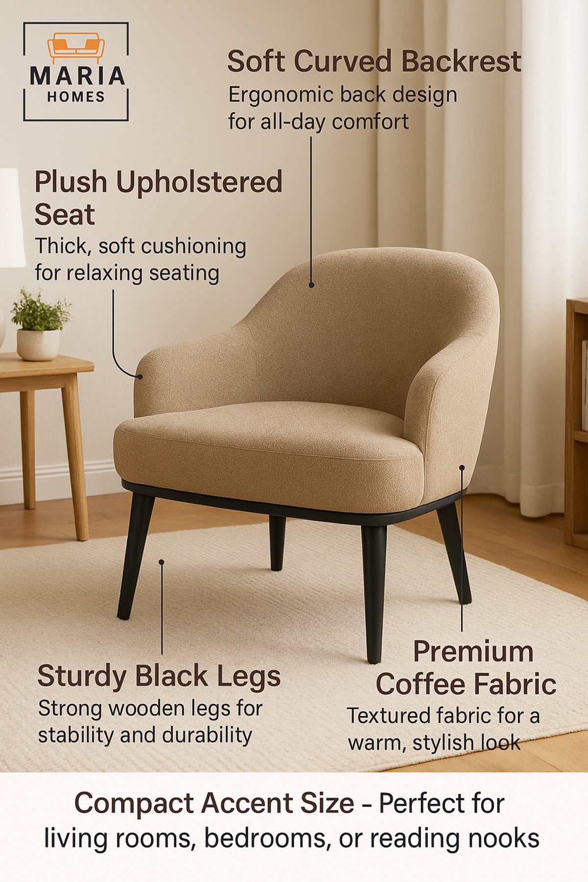 Modern Coffee Brown Accent Chair Ð Upholstered Single Seat with Black Wooden Legs