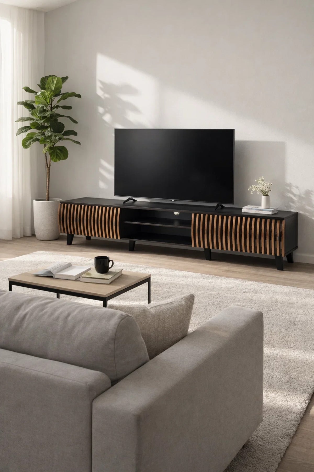 Modern Wooden TV Stand Black and Dark Brown with Slatted Design 180 x 40 x 43 cm
