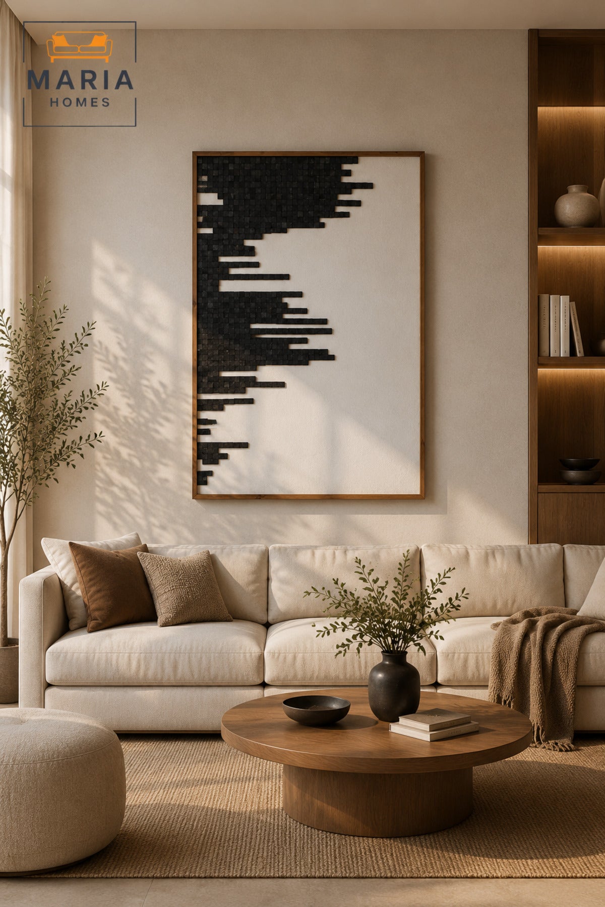 Modern Abstract Wooden Wall Art Panel with Natural Wood Frame 120x80cm