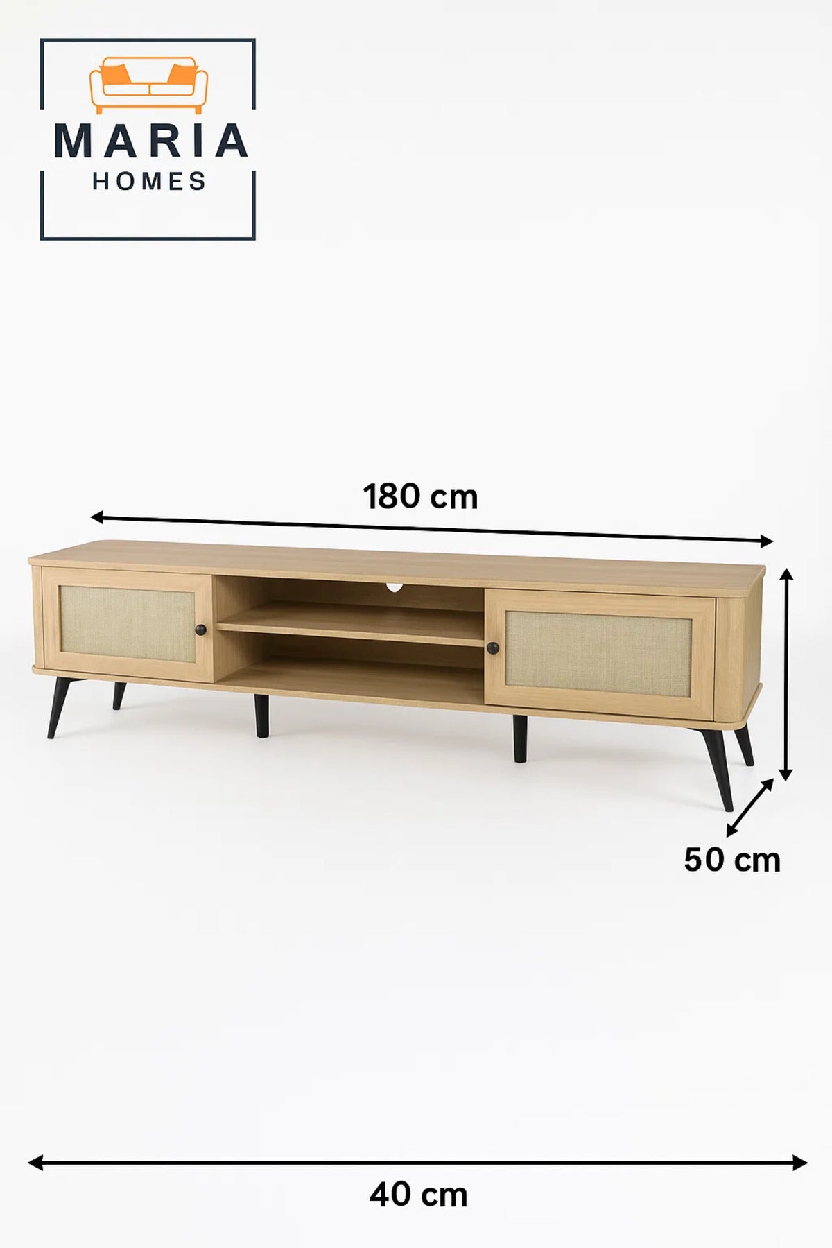 Modern Light Wood Tv Stand With Fabric Doors And Metal Legs Ð 180x40x50 Cm Entertainment Console
