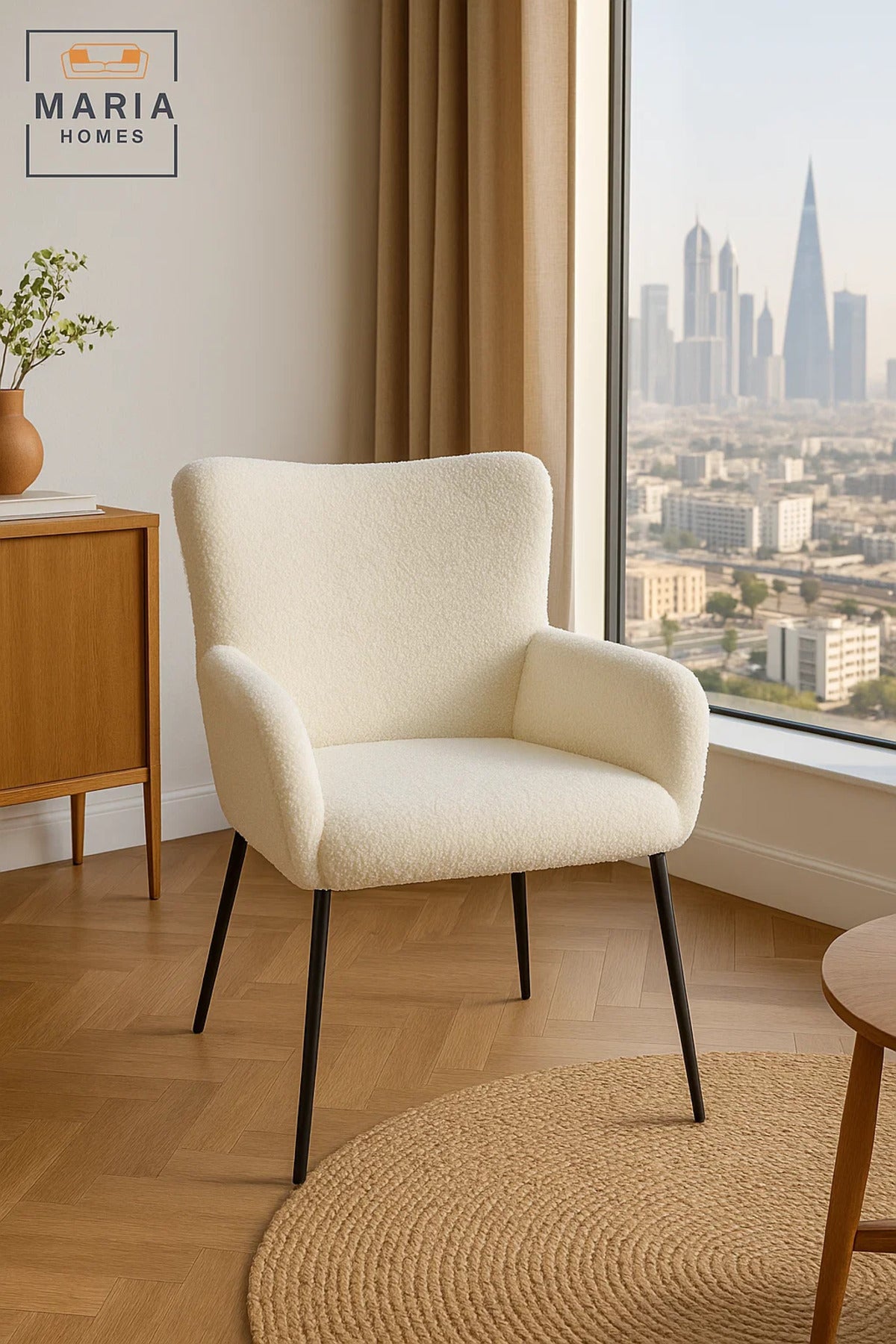White BouclŽ High Back Armchair Ð Modern Upholstered Chair with Black Legs for Living Room or Office