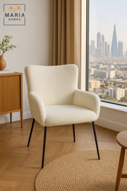 White BouclŽ High Back Armchair Ð Modern Upholstered Chair with Black Legs for Living Room or Office