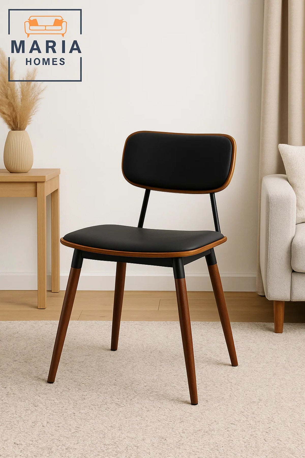 Mid-Century Modern Black Cushioned Chair with Wooden Frame Ð Elegant Dining or Office Accent Chair