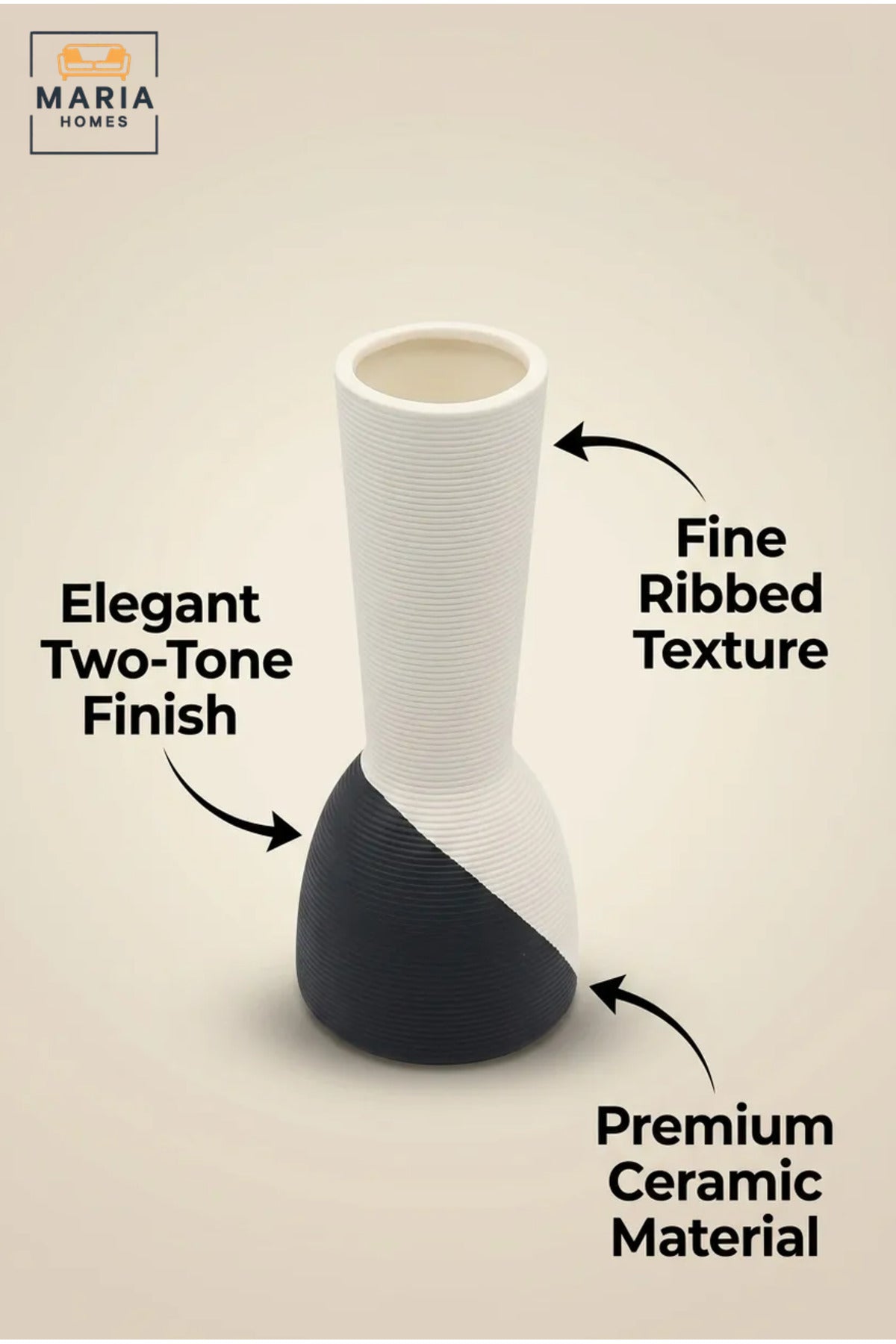 Modern Tall Decorative Flower Vase with Two-Tone Abstract Design, Narrow Opening and Ribbed Texture for Living Room, Bedroom, Office and Console Décor