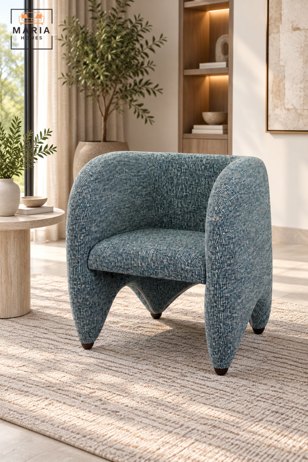Modern Blue Upholstered Accent Chair with Curved Backrest, Padded Seat and Sculptural Design for Living Room, Bedroom, Lounge & Reception