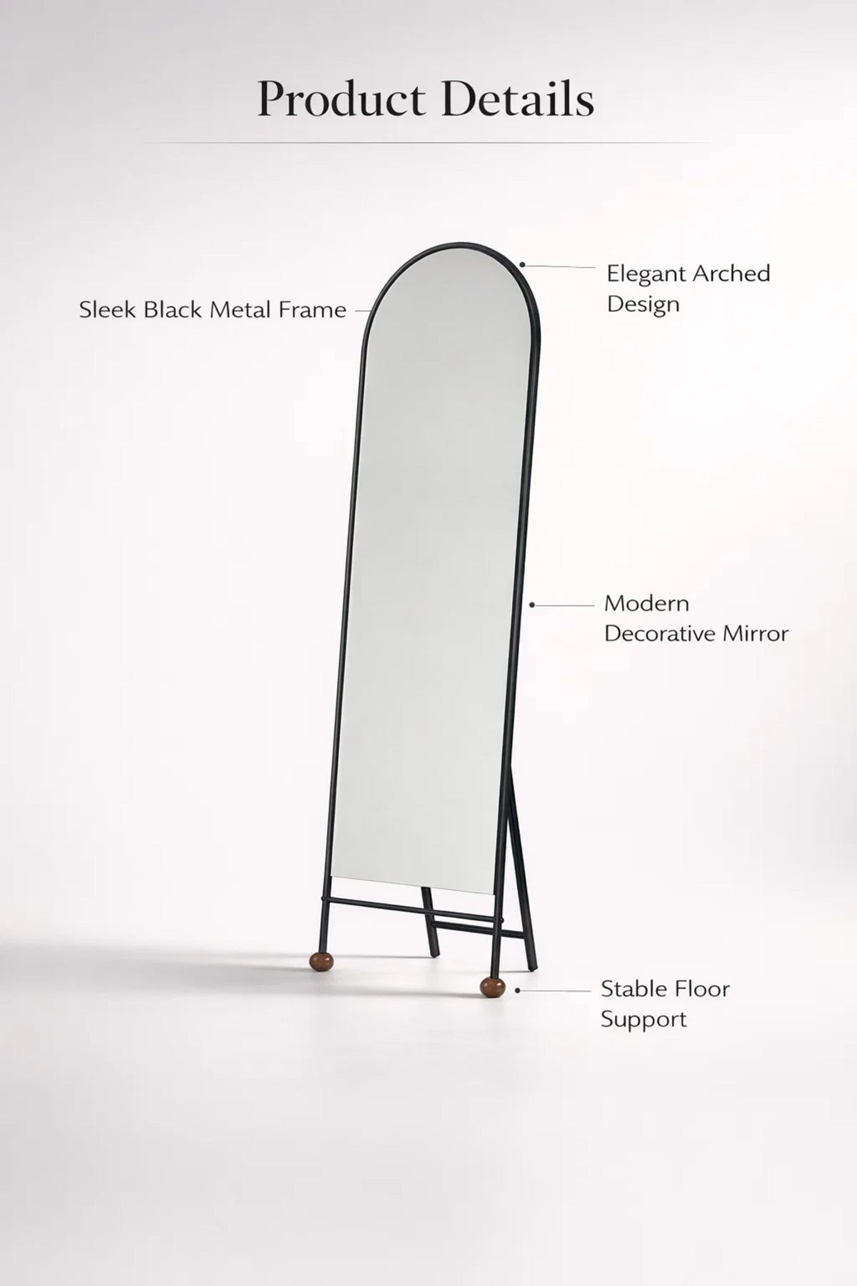 Modern Arched Full Length Floor Mirror with Black Metal Frame and Stand