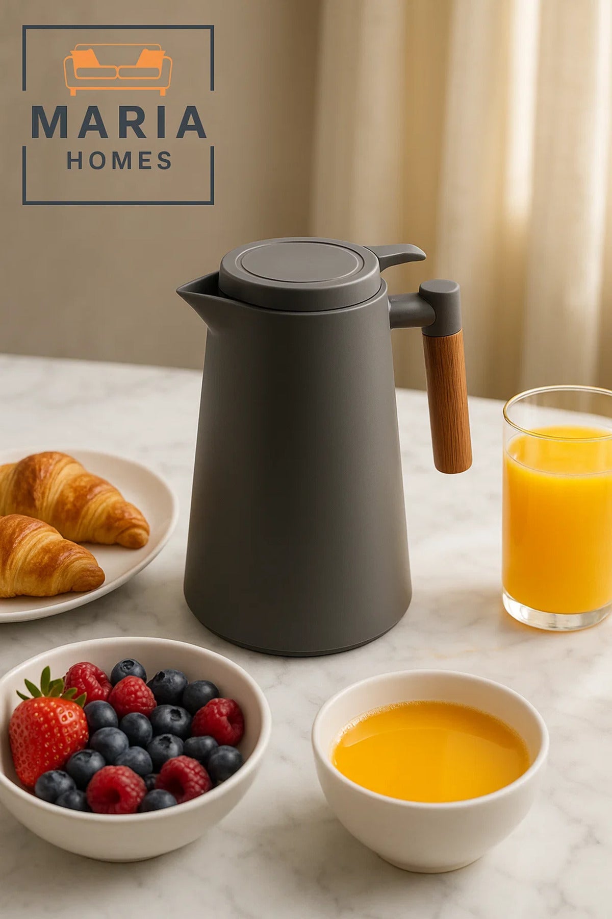Matte Grey Insulated Thermal Jug with Wooden Handle