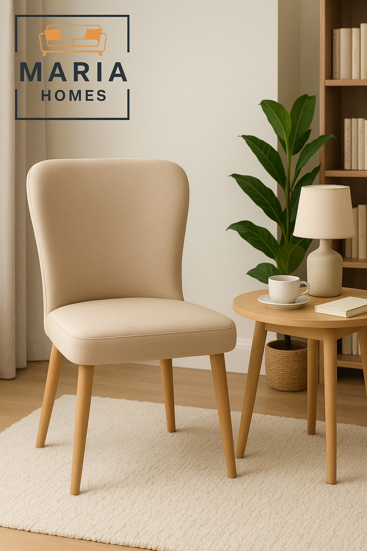 Beige Fabric Dining Chair Ð Upholstered Padded Seat With Wooden Legs For Home, Office, Or CafŽ