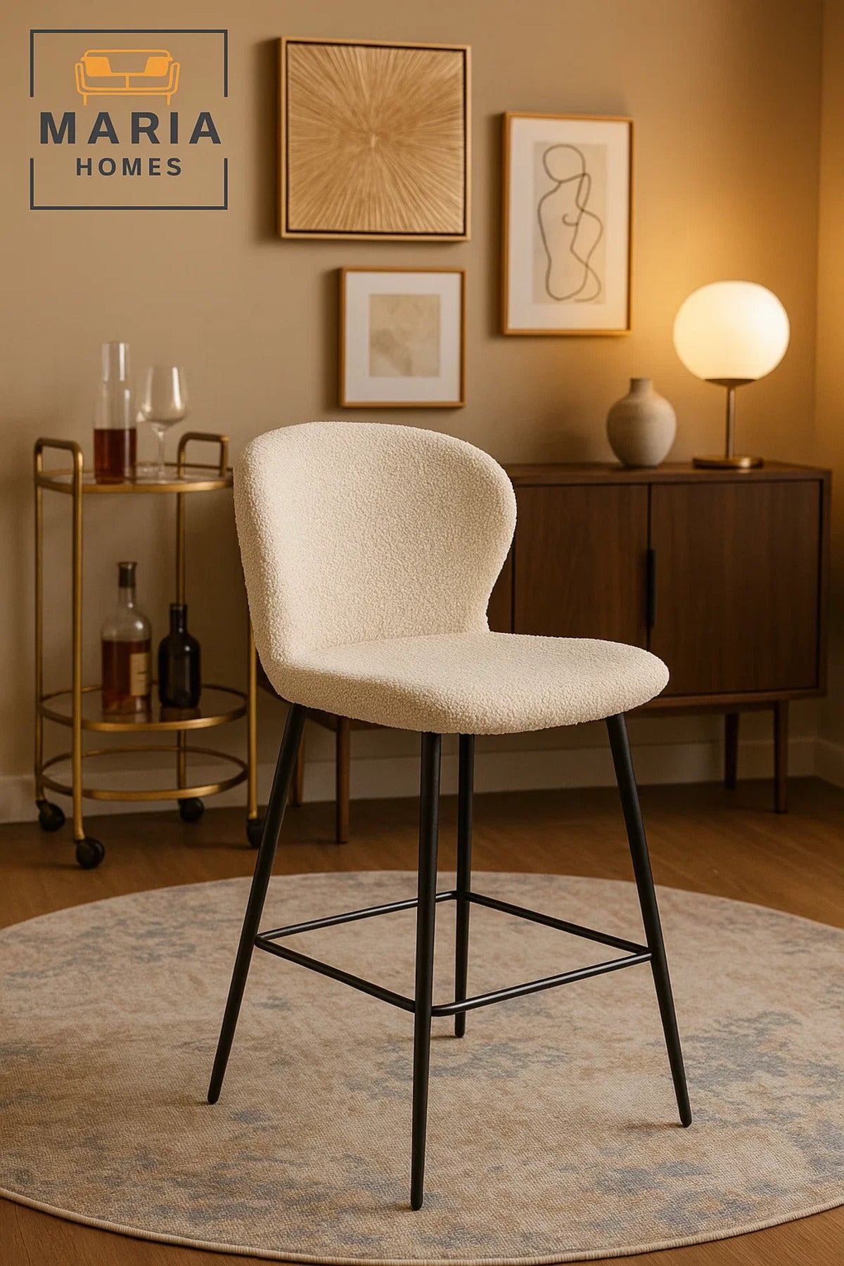 4 PCS Beige Fabric Bar Stool with Black Metal Legs Modern Design