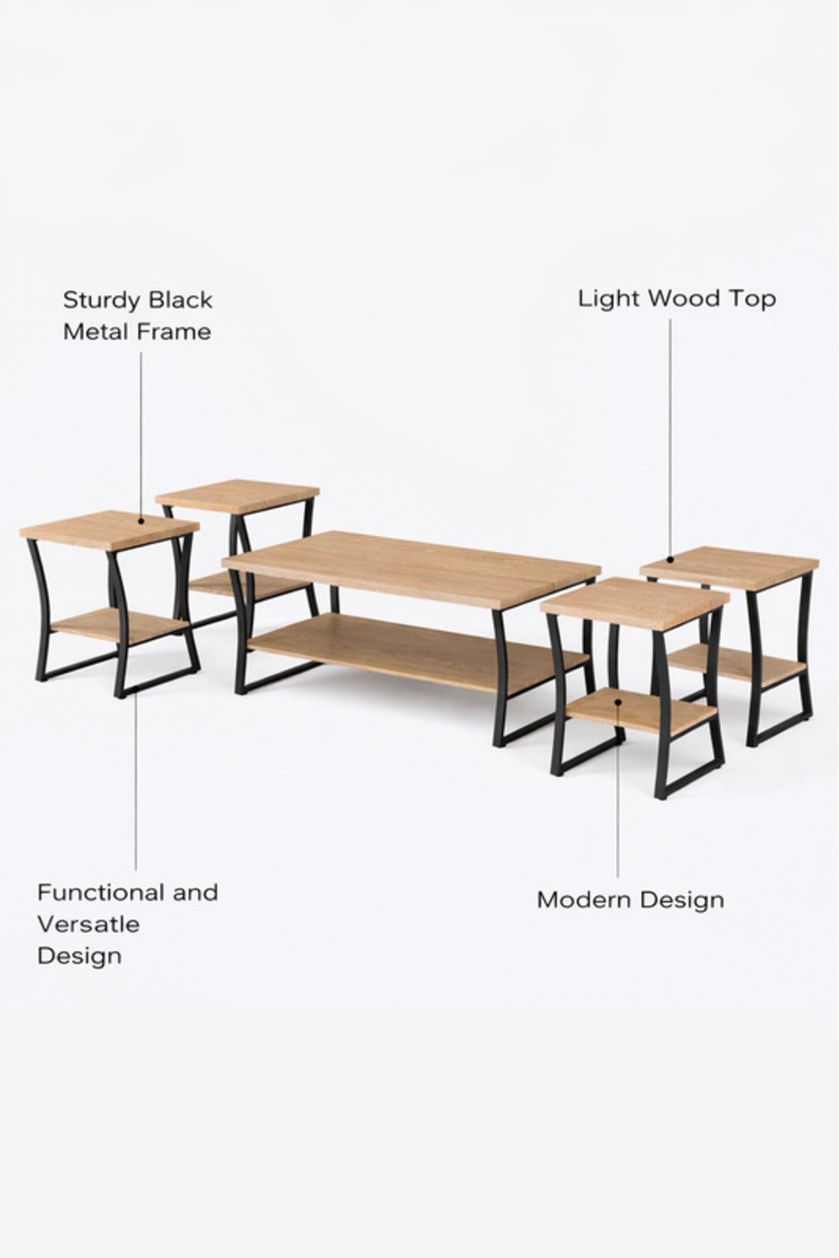 Wood 1+4 Coffee Table Set √ê Elegant Wood Design with 1 Large and 4 Side Tables