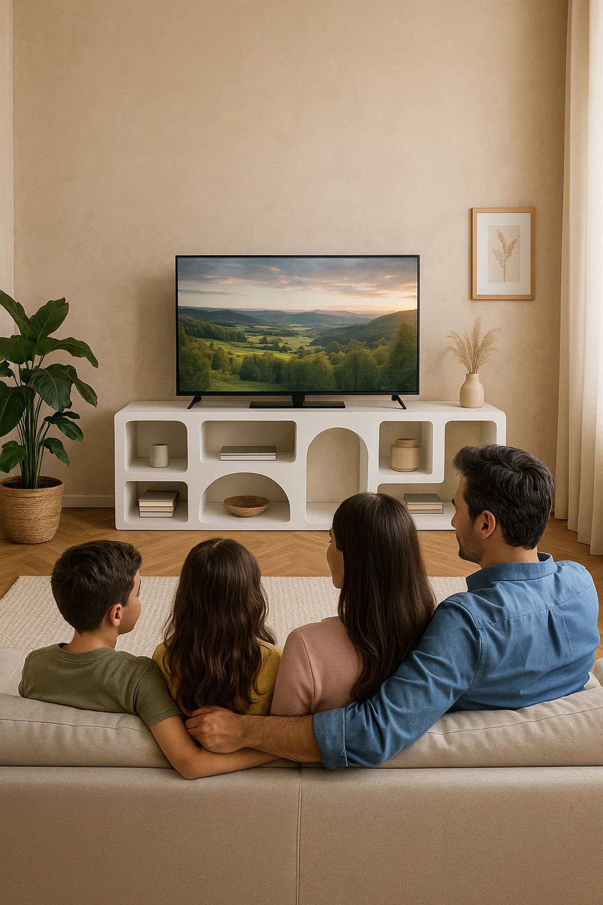 Modern White Geometric TV Stand with Open Display Shelves Ð 160x40x50 cm