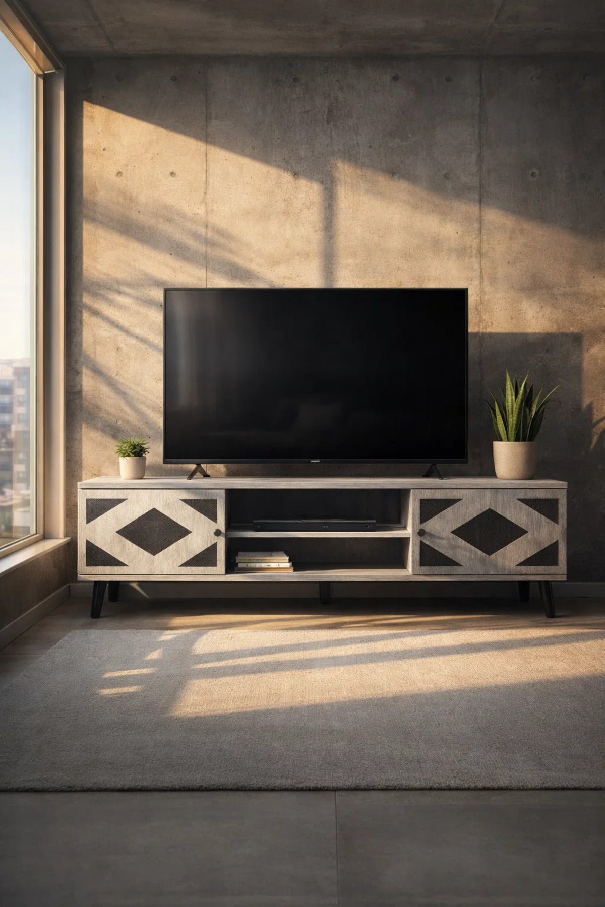 Modern Grey Wooden TV Stand Media Console 160cm with Storage Cabinets for Living Room Area