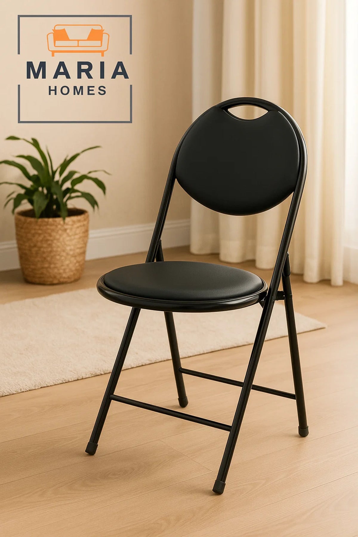 Compact Black Round Folding Chair with Cushioned Seat Ð Ideal for Home & Events