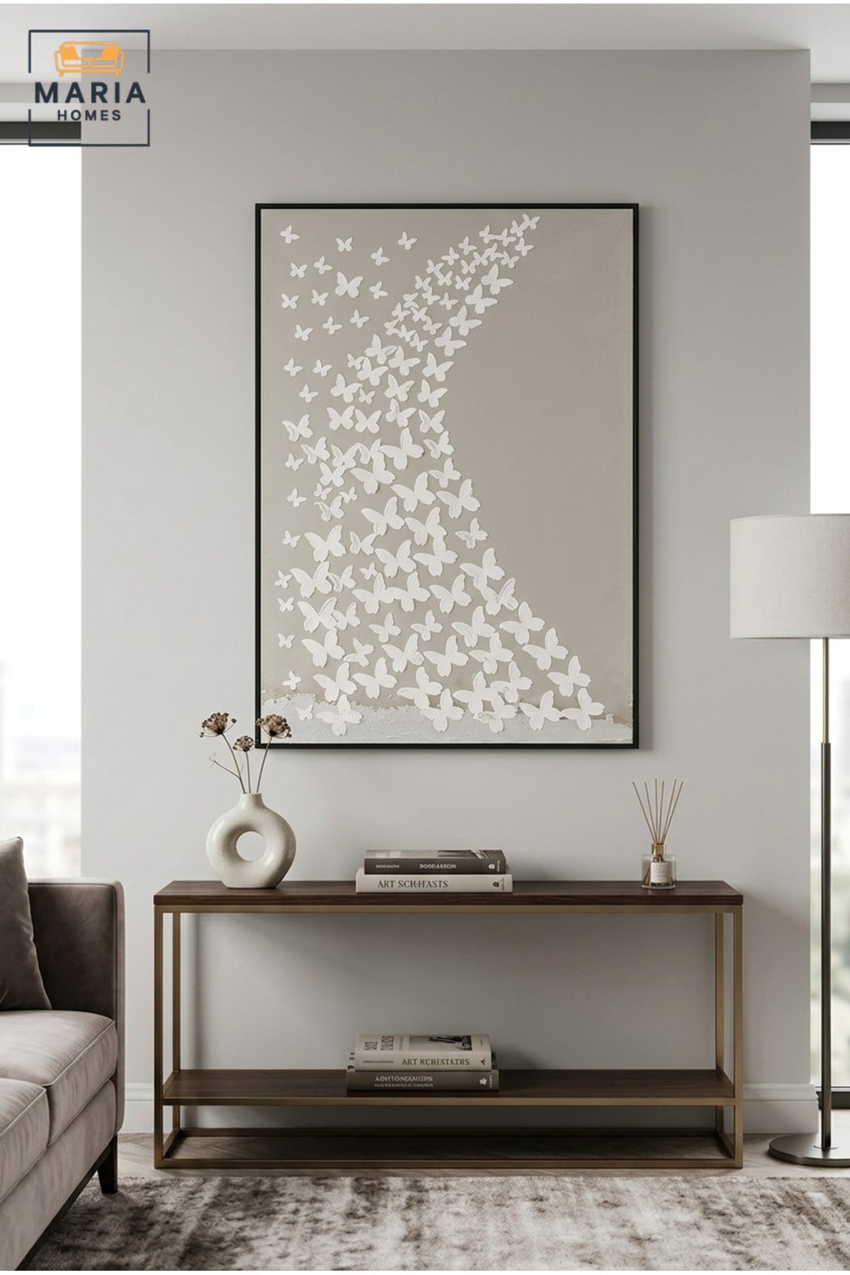 Modern Butterfly Textured Wall Art with Black Frame, White and Grey Abstract Canvas Print for Living Room, Bedroom, Hallway and Office Décor