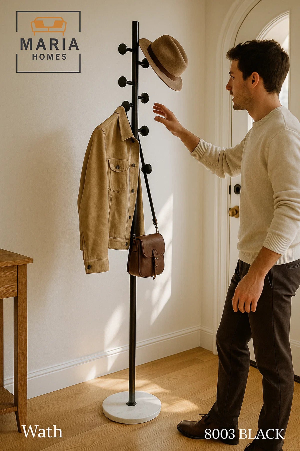 Black Modern Coat Rack with Rounded Hooks and Marble Base