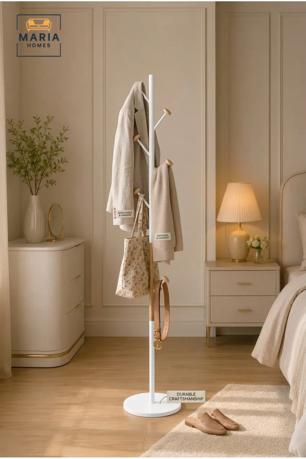 Modern White Coat Rack Stand with Wooden Accents for Entryway Bedroom Hallway Storage
