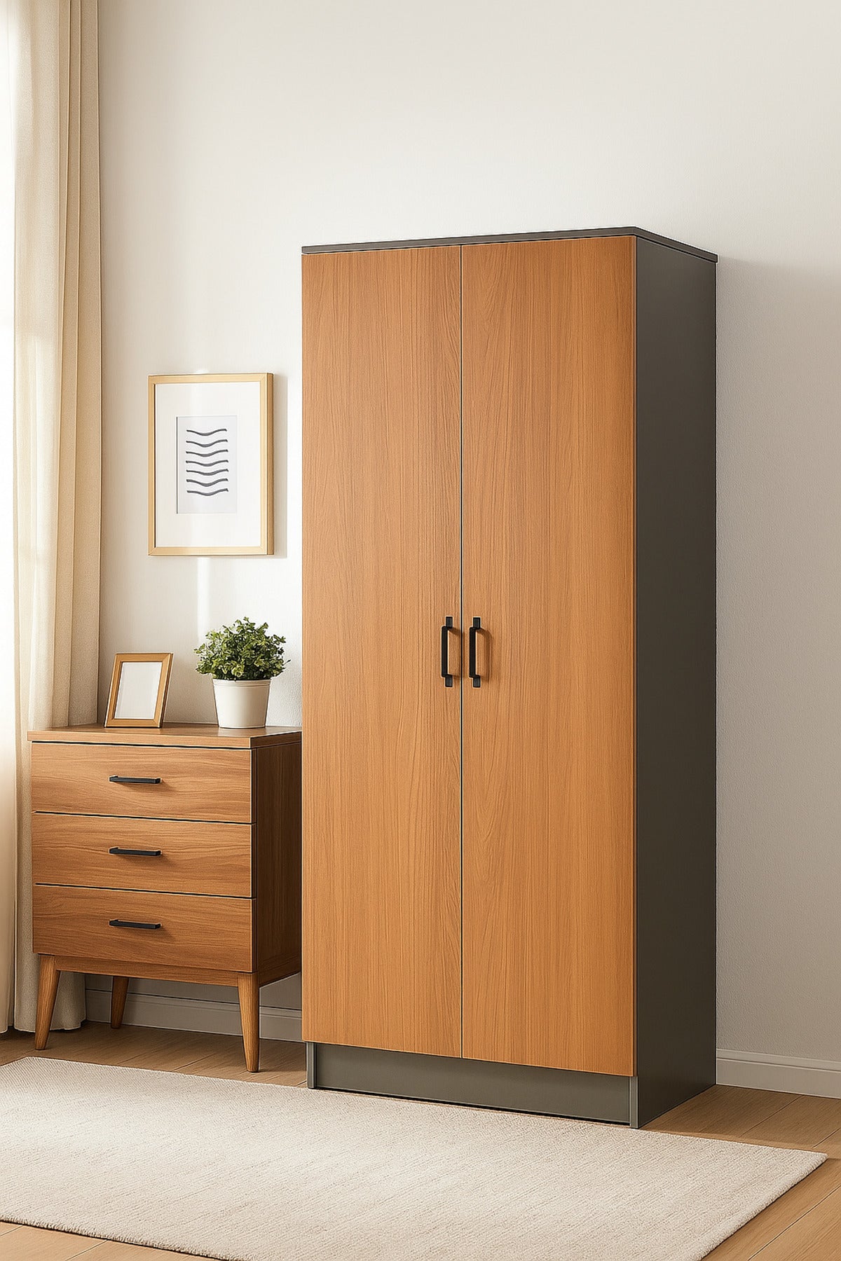 2-Door Wardrobe with Shelves Ð 80_54_200 cm Modern Gray & Wood Finish Storage Cabinet