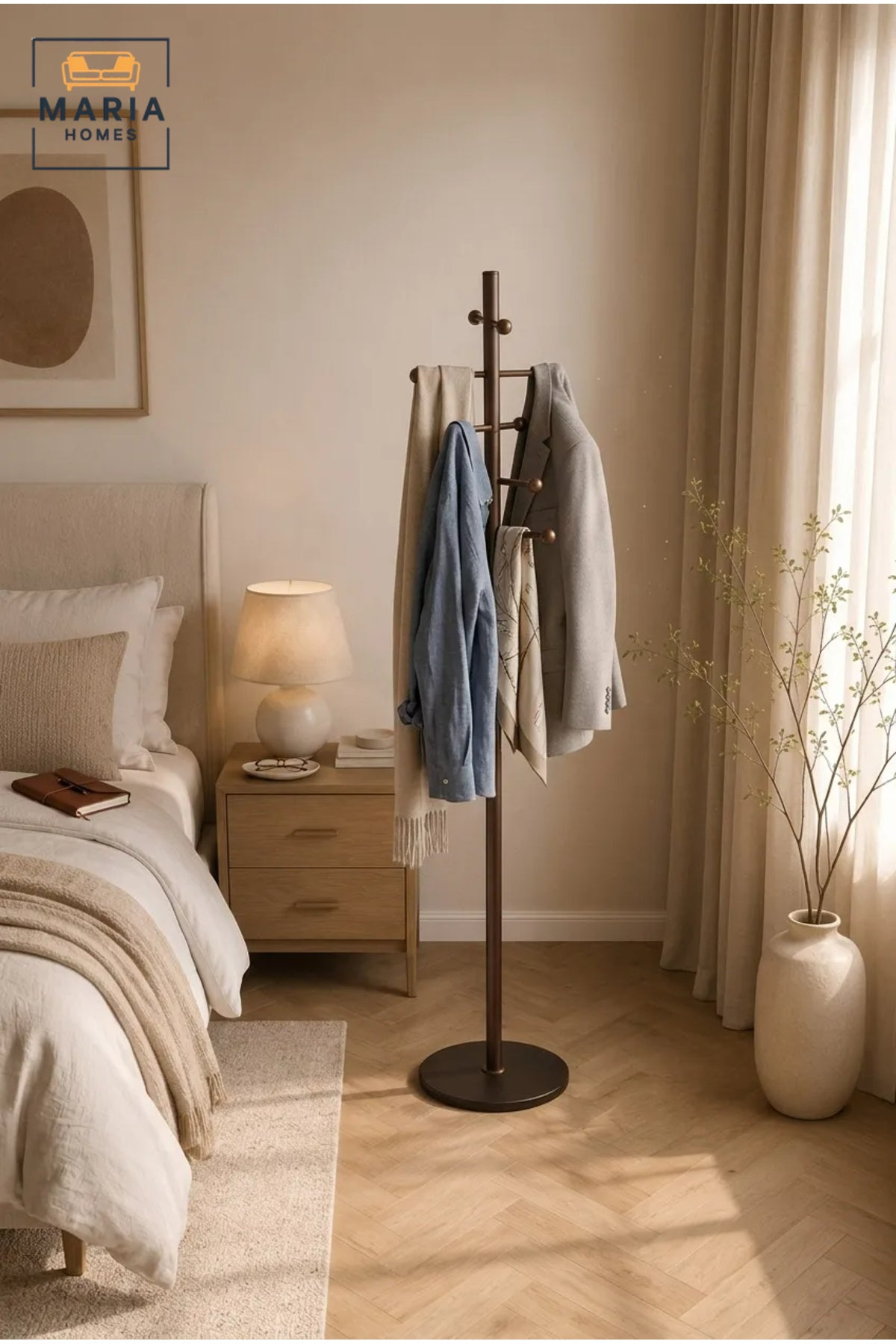 Modern Brown Coat Rack with Black Base √ê Freestanding Clothes Stand, Entryway Organizer & Multi-Hook Coat Tree