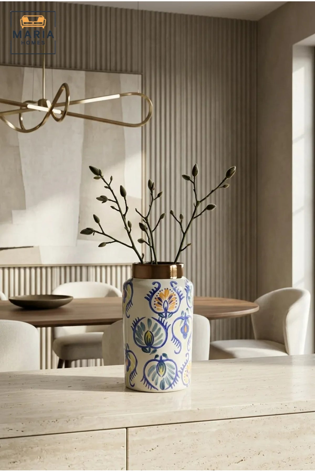 Multicolour Floral Decorative Vase, Modern Cylindrical Ceramic Flower Holder with Metallic Neck for Living Room, Bedroom, Office, Shelf and Table Décor