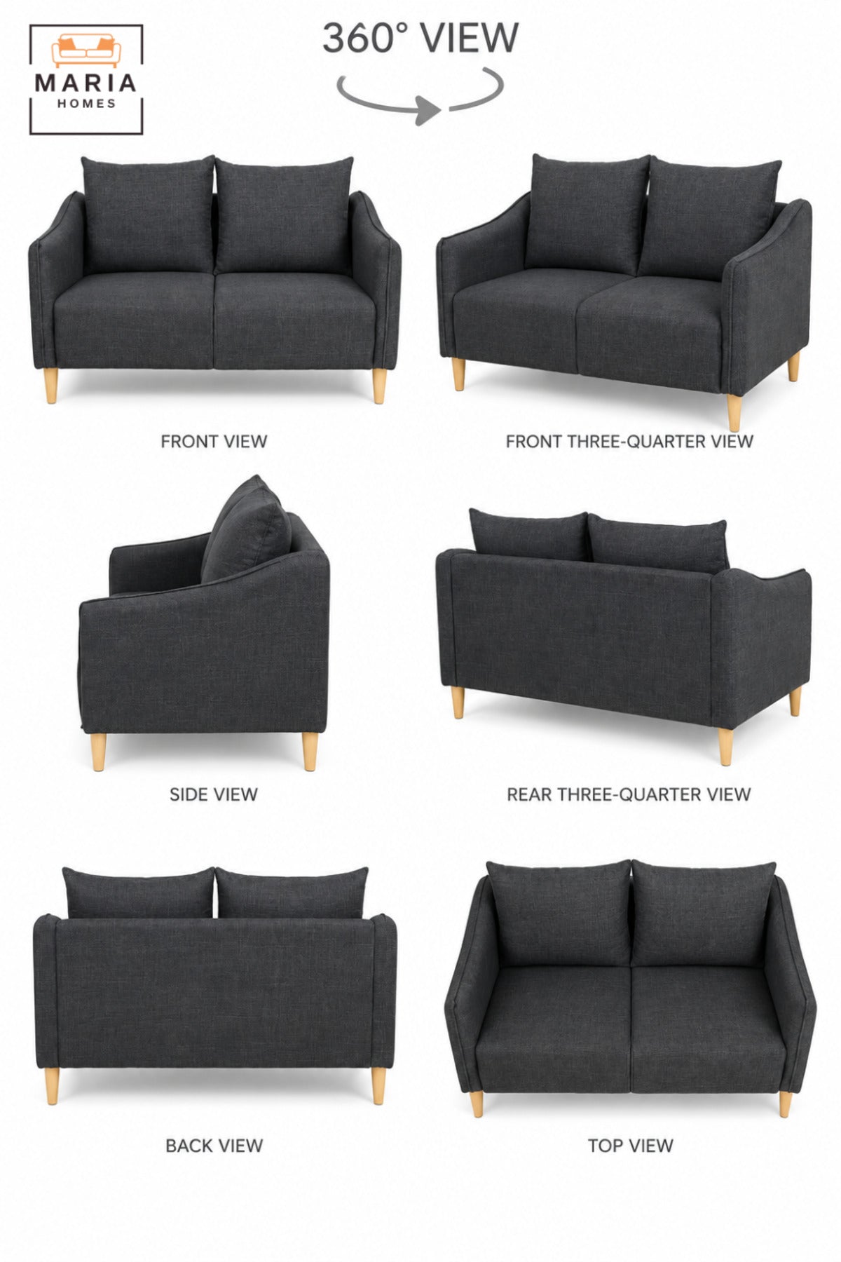 Modern 2 Seater Fabric Sofa with Soft Back Cushions, Comfortable Loveseat with Armrests and Wooden Legs for Living Room, Bedroom & Lounge