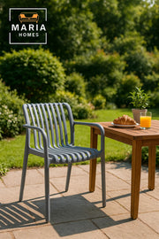 Gray Slatted Plastic Armchair Modern Outdoor Stackable Chair with Curved Back and Armrests