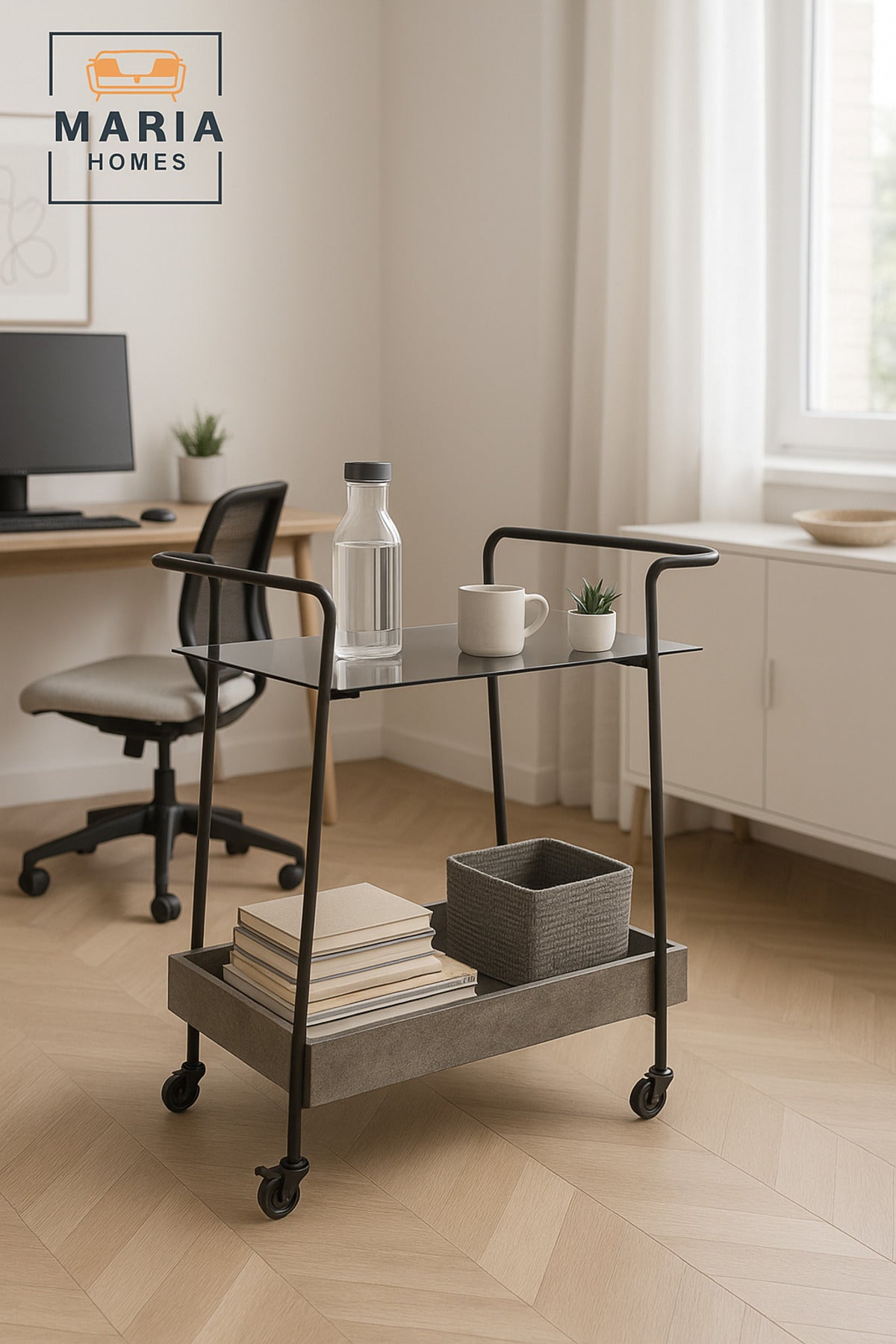 Gray Bar Trolley with Gray Glass Top Ð Modern Serving Cart with Wheels 70_45_85 cm