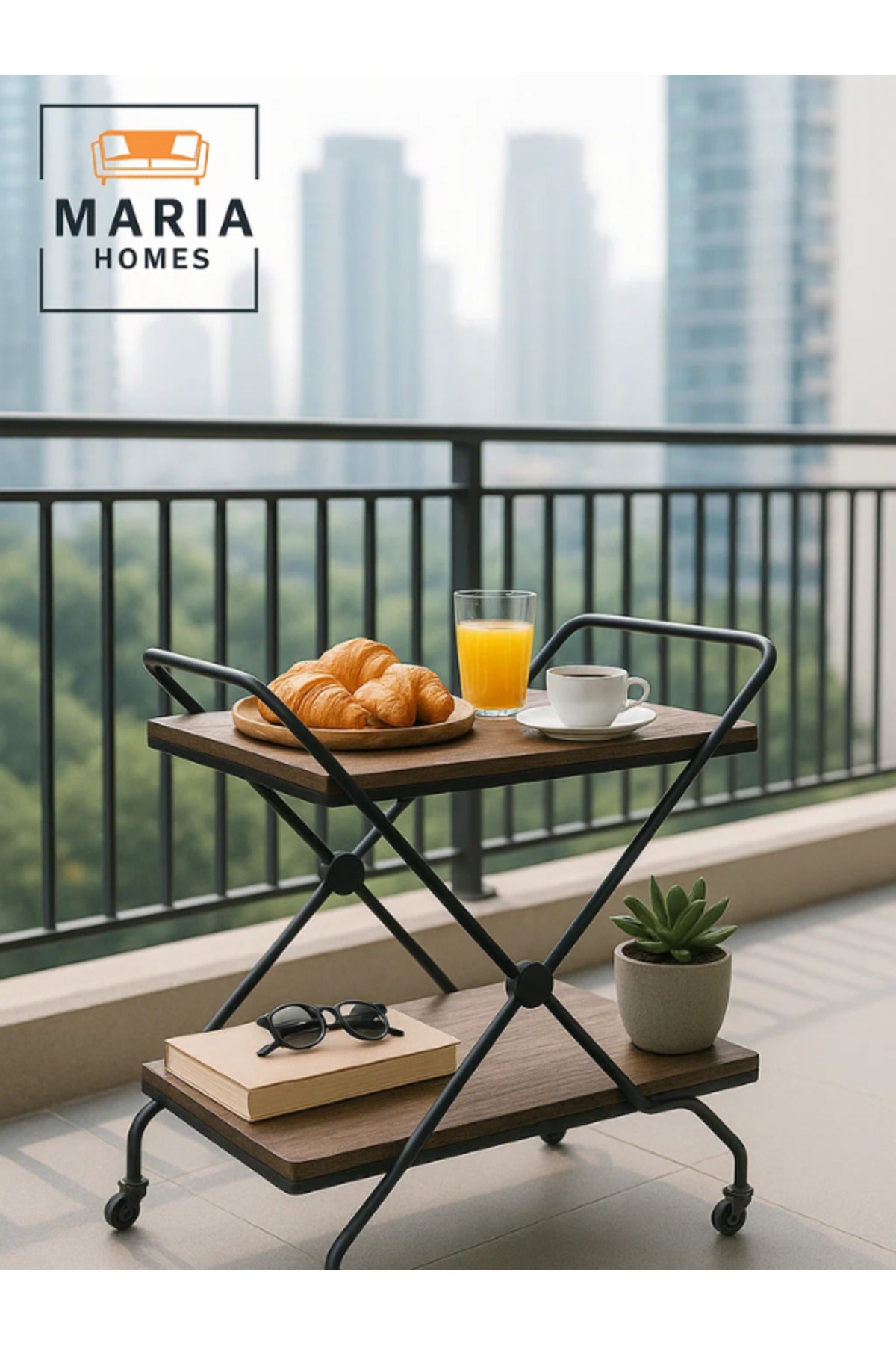 Modern Brown 2-Tier Serving Trolley with Wooden Shelves & Black Metal Frame Ð 70_40_84 cm