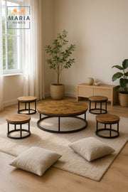 Rustic Round Coffee Table Set √ê Vintage Wood Finish with Black Metal Frame Living Room 5Piece