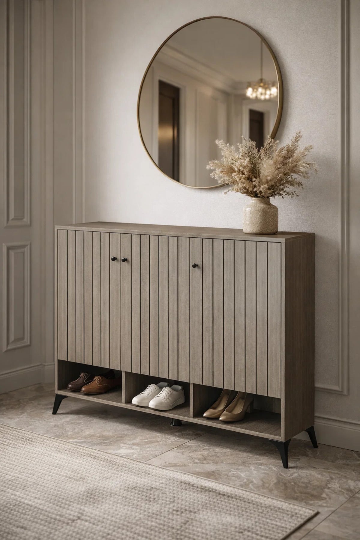Modern Grey Shoe Cabinet 120cm with Vertical Slats, Open Shelf & 3 Doors for Entryway Storage