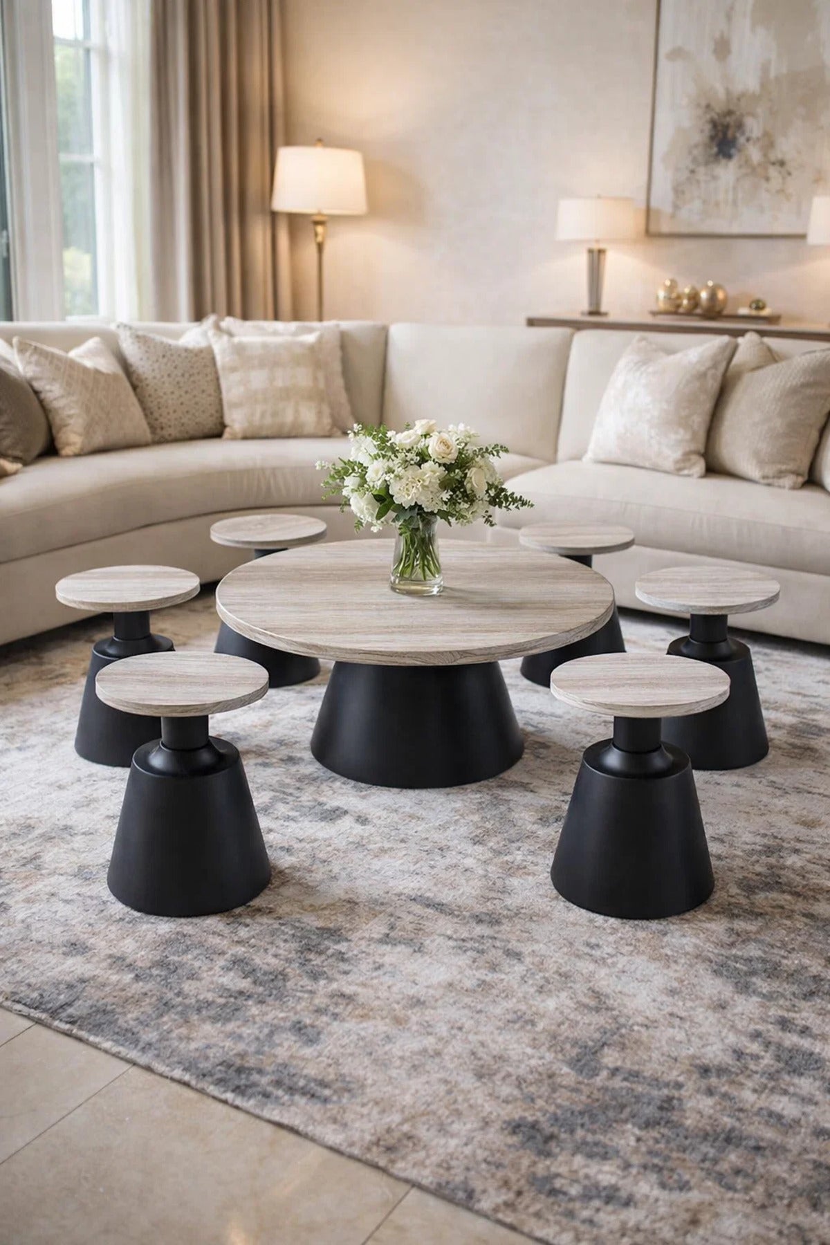 Stylish 7-Piece Round Coffee Table Set Wood Top Black Pedestal Base Modern Home Living Room Decor