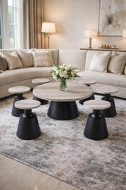 Stylish 7-Piece Round Coffee Table Set Wood Top Black Pedestal Base Modern Home Living Room Decor