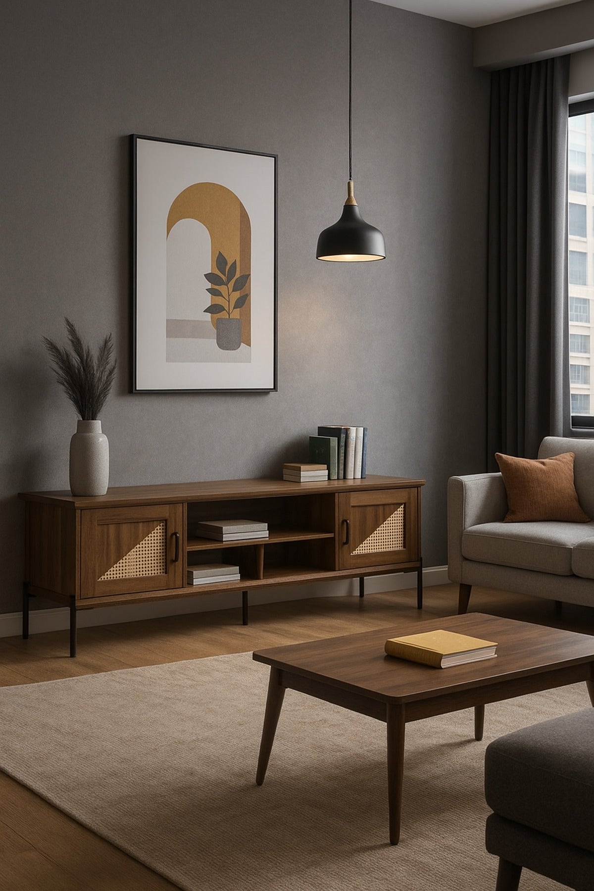 Walnut Wooden TV Stand 180_40_56 cm Ð Modern Rattan Door TV Unit with Open Shelves and Black