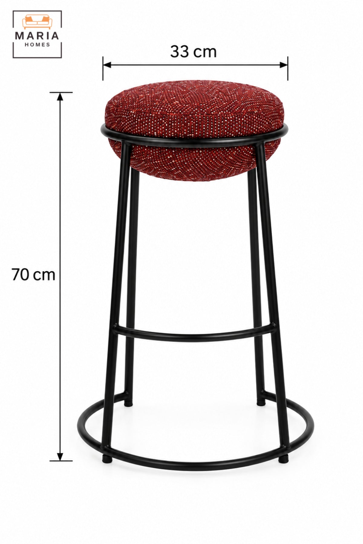 Modern Round Bar Stool with Padded Fabric Seat & Circular Footrest | Red Upholstered High Counter Chair with Slim Black Frame for Café and Kitchen 70x33cm
