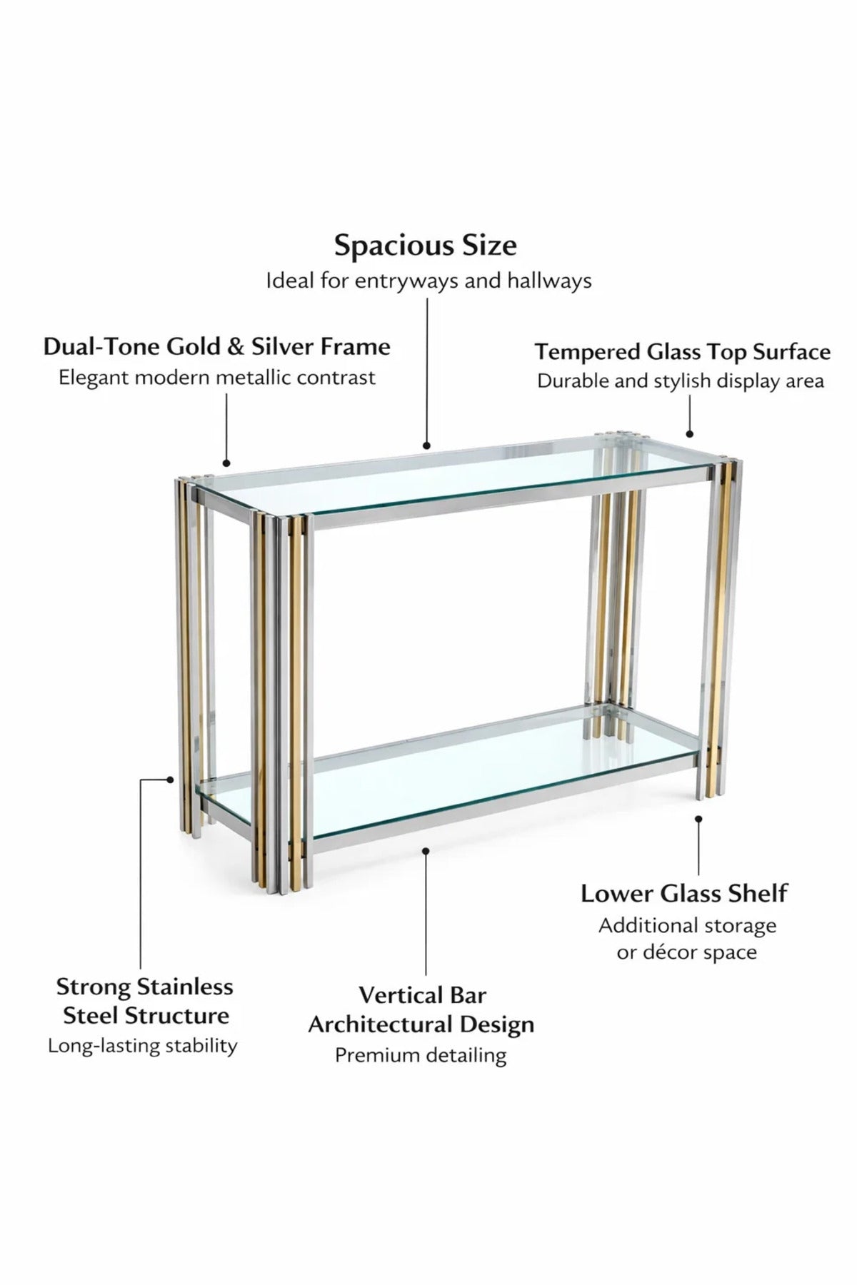 Luxury Gold and Silver Console Table with Glass Top for Entryway & Living Room