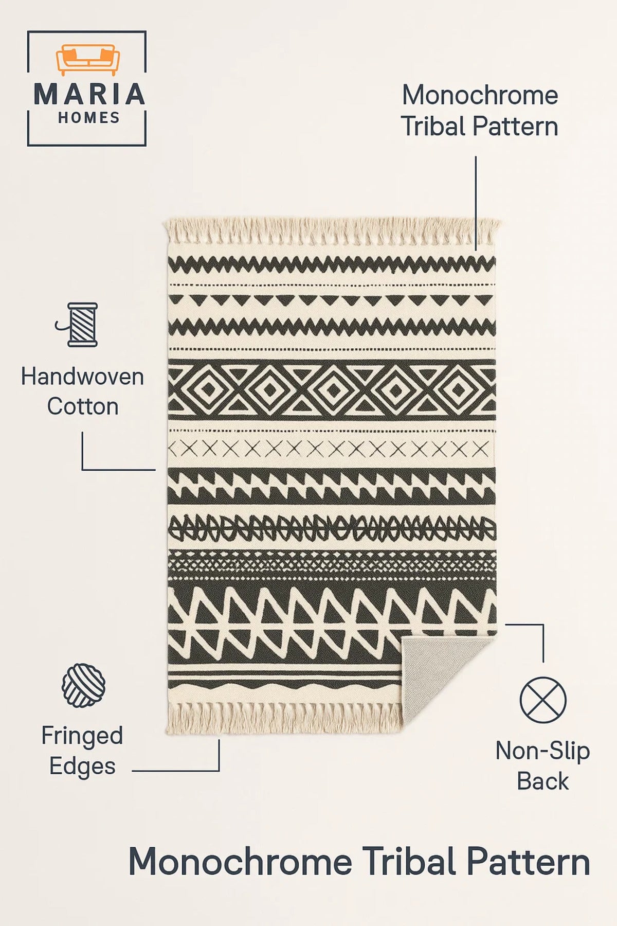 Black and Cream Tribal Pattern Cotton Runner Rug with Fringe Ðsize 90*150 cm