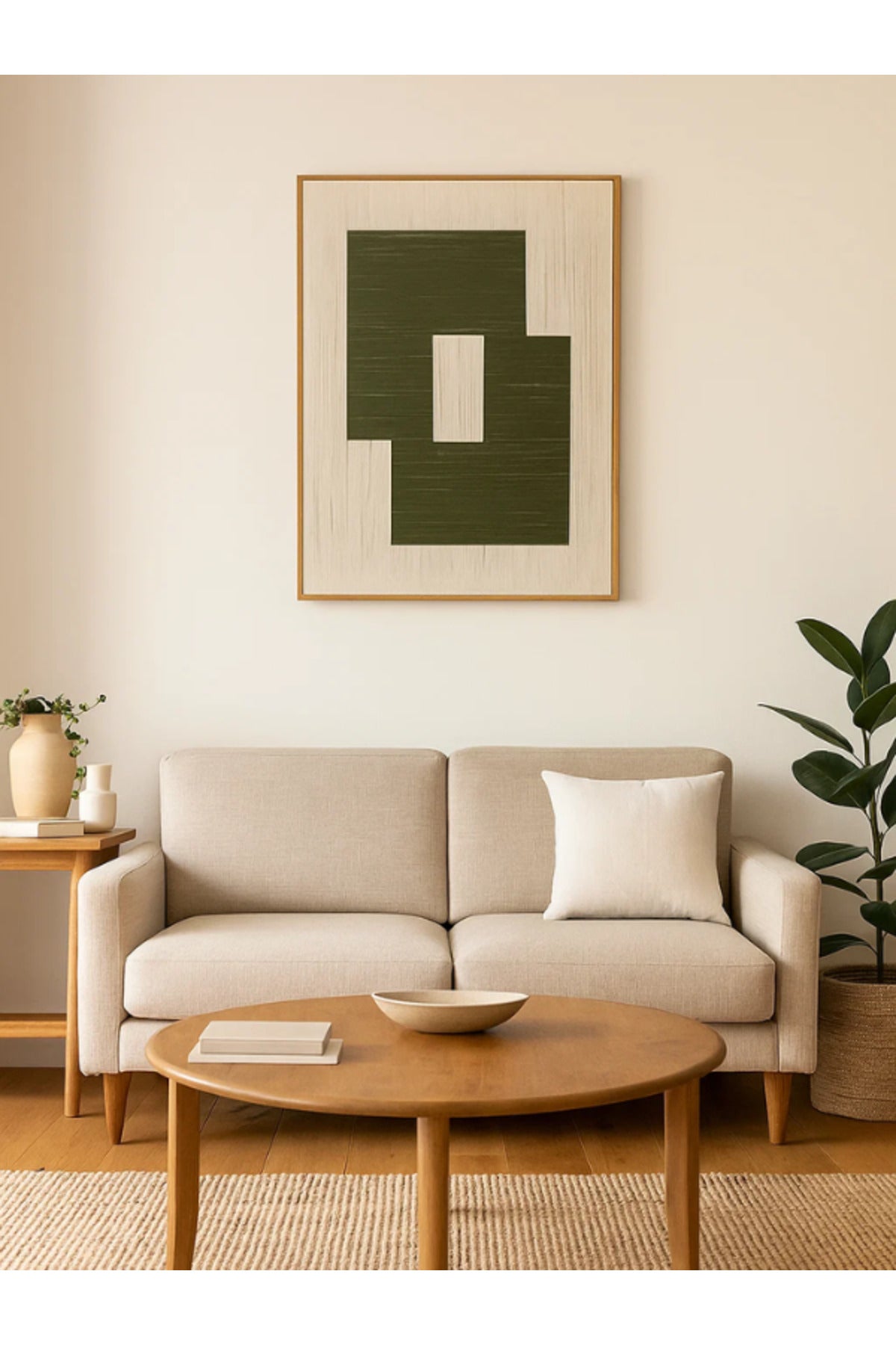 Modern Abstract Wall Art Ð 120_80 cm Beige and Green Geometric Framed Canvas DŽcor