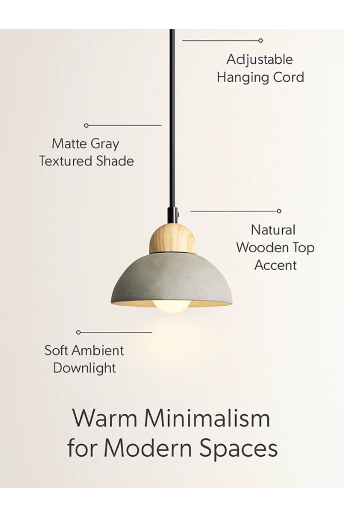 Modern Gray Pendant Light Ð Concrete and Wood Hanging Lamp for Living & Dining Room