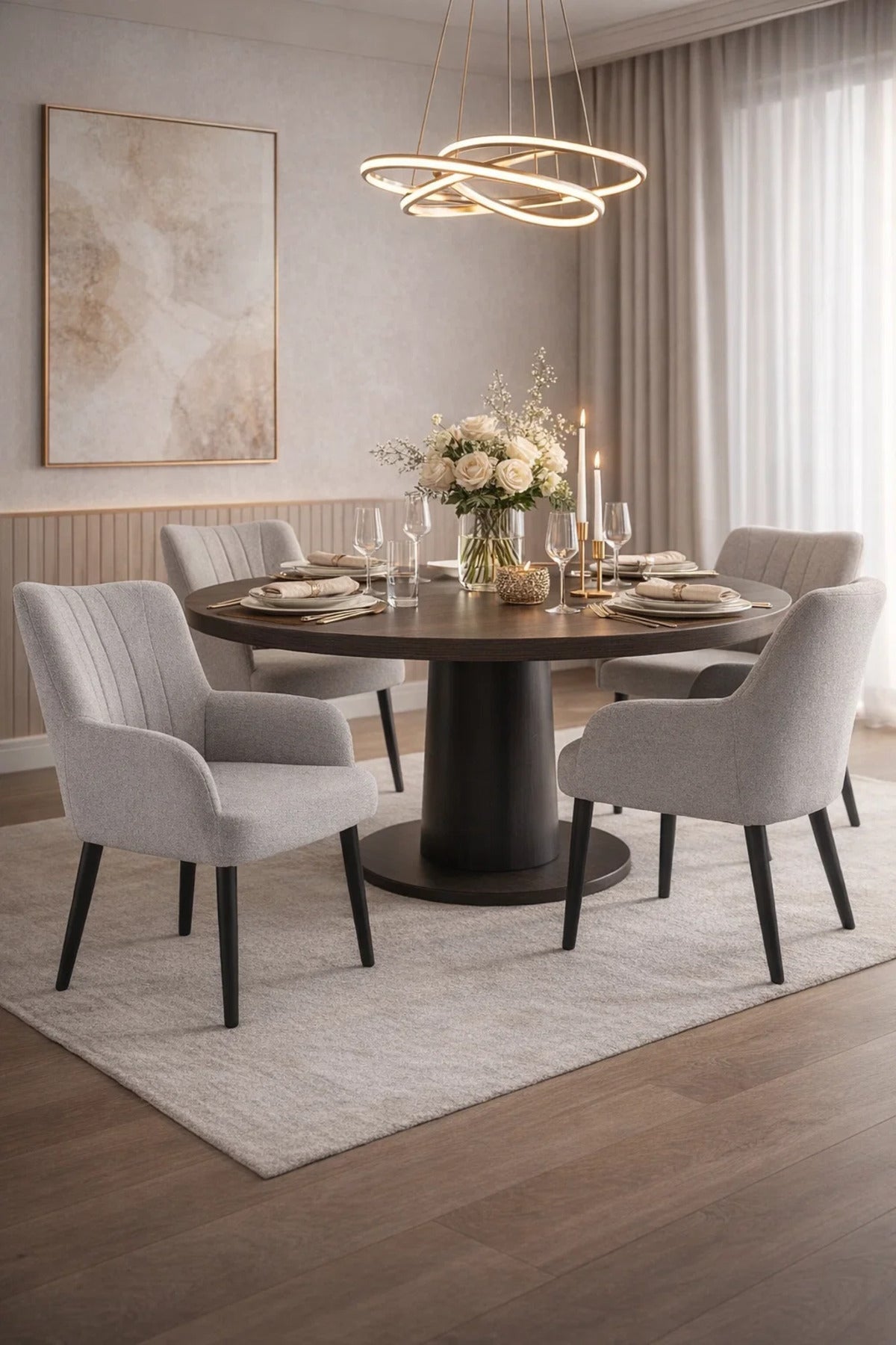 Luxury Grey Boucle Dining Chair with Arms Modern Upholstered Armchair Black Legs Living Room