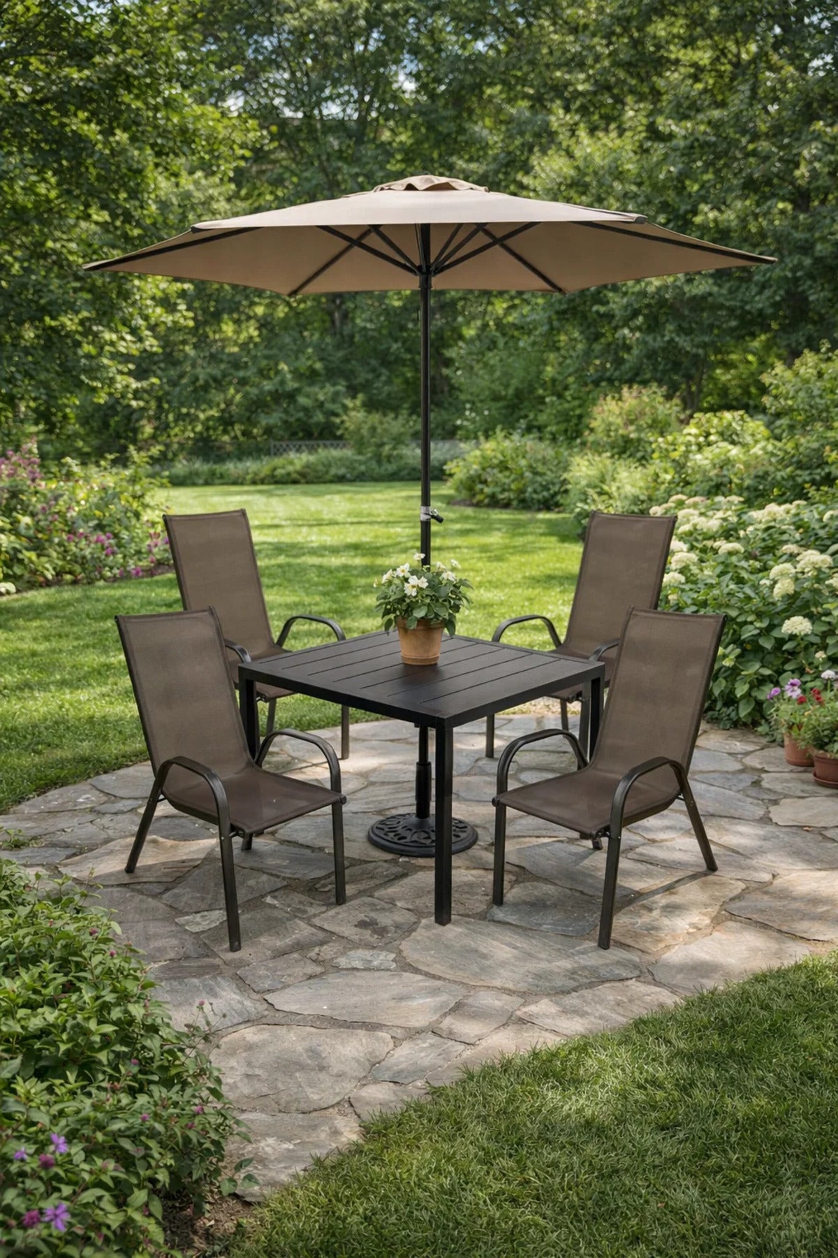 Modern 6-Piece Garden Patio Dining Set Metal Square Table 4 Chairs and Beige Umbrella Outdoor Kit