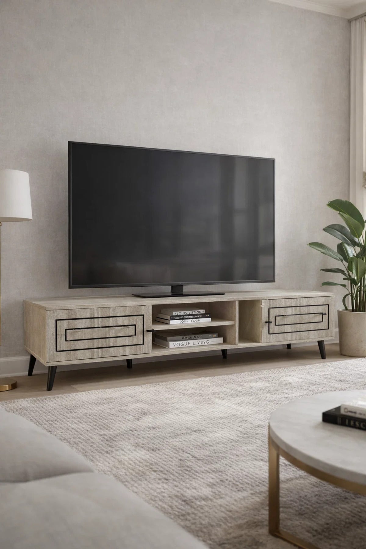 Premium Beige TV Stand Entertainment Unit 200cm with Storage & Black Accents for Modern Living Room