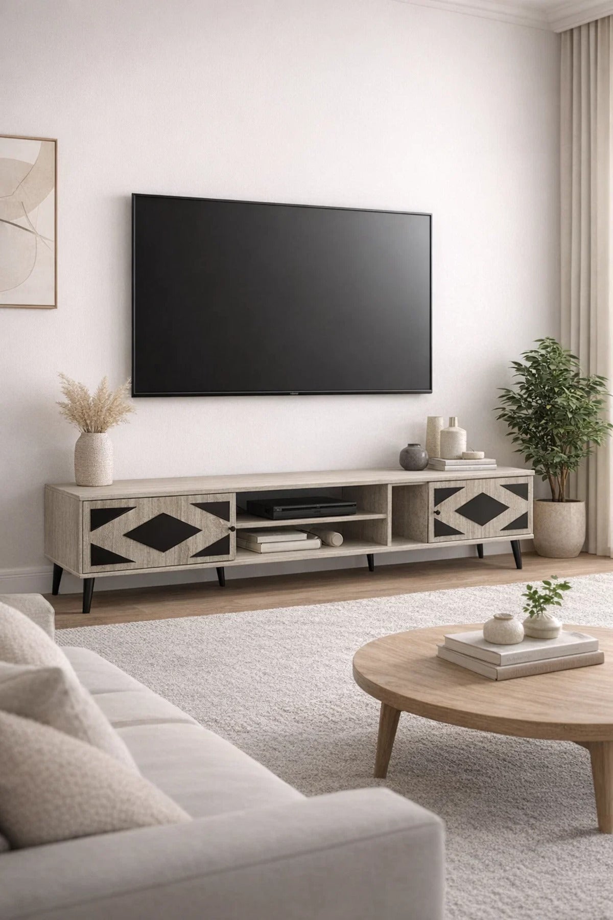 Premium Beige TV Unit 200cm Large Entertainment Center with Geometric Design for Living Room