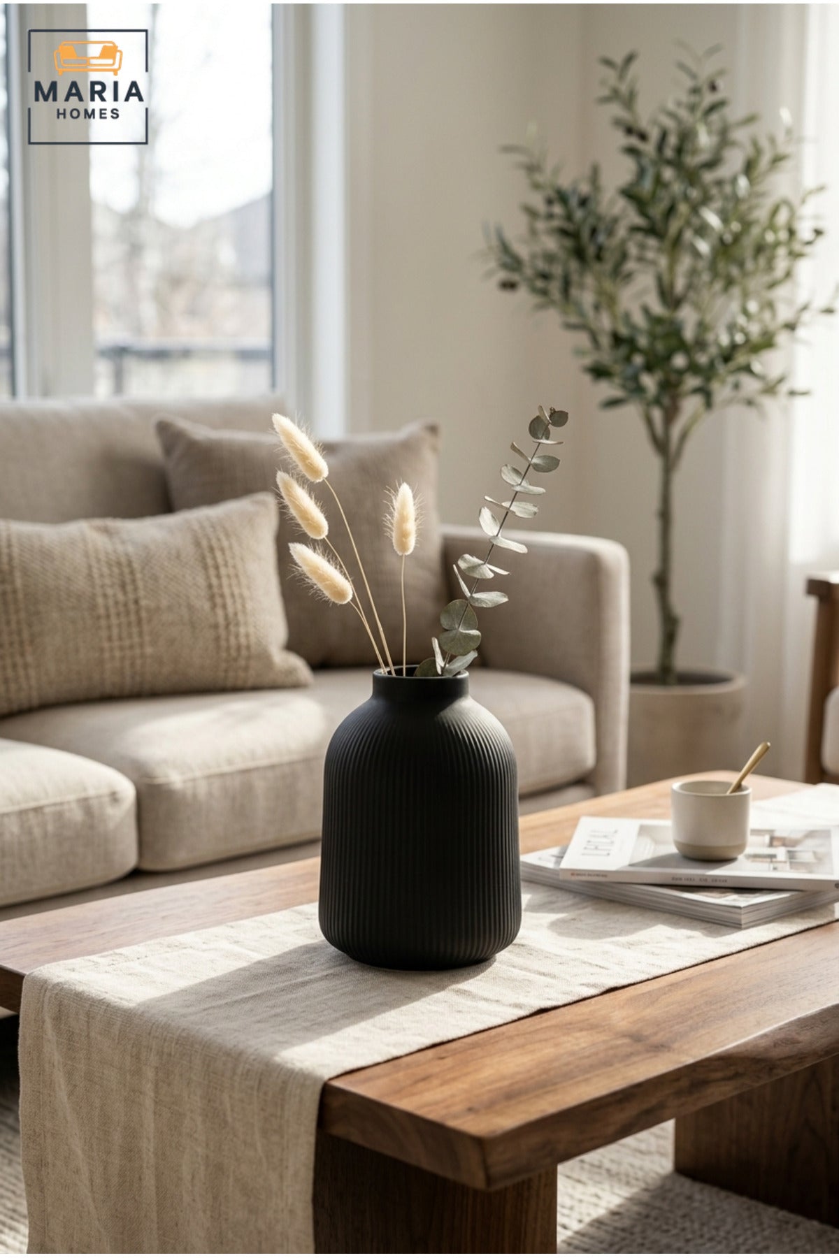 Modern Decorative Flower Vase with Wide Opening, Rounded Shoulders and Vertical Ribbed Texture for Living Room, Bedroom, Office and Console Décor