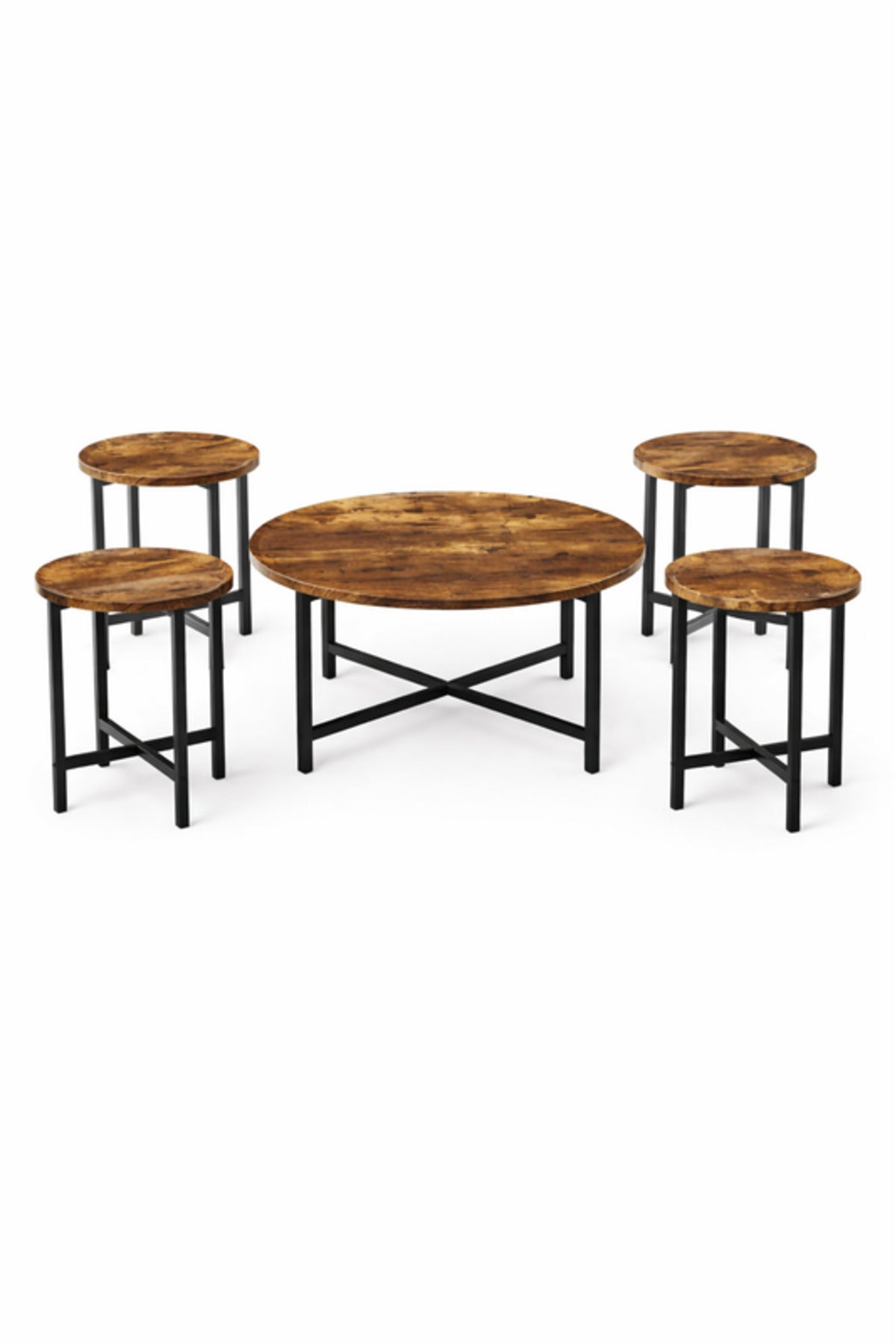 Industrial Round Coffee Table Set 1+4 Rustic Wood Finish Black Metal Legs Living Room Furniture Pack