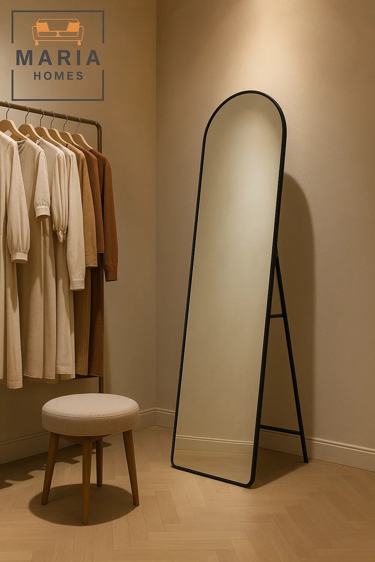 Sleek Black Frame Full-Length Mirror Ð 160x40cm Arched Standing Mirror for Bedroom or Closet