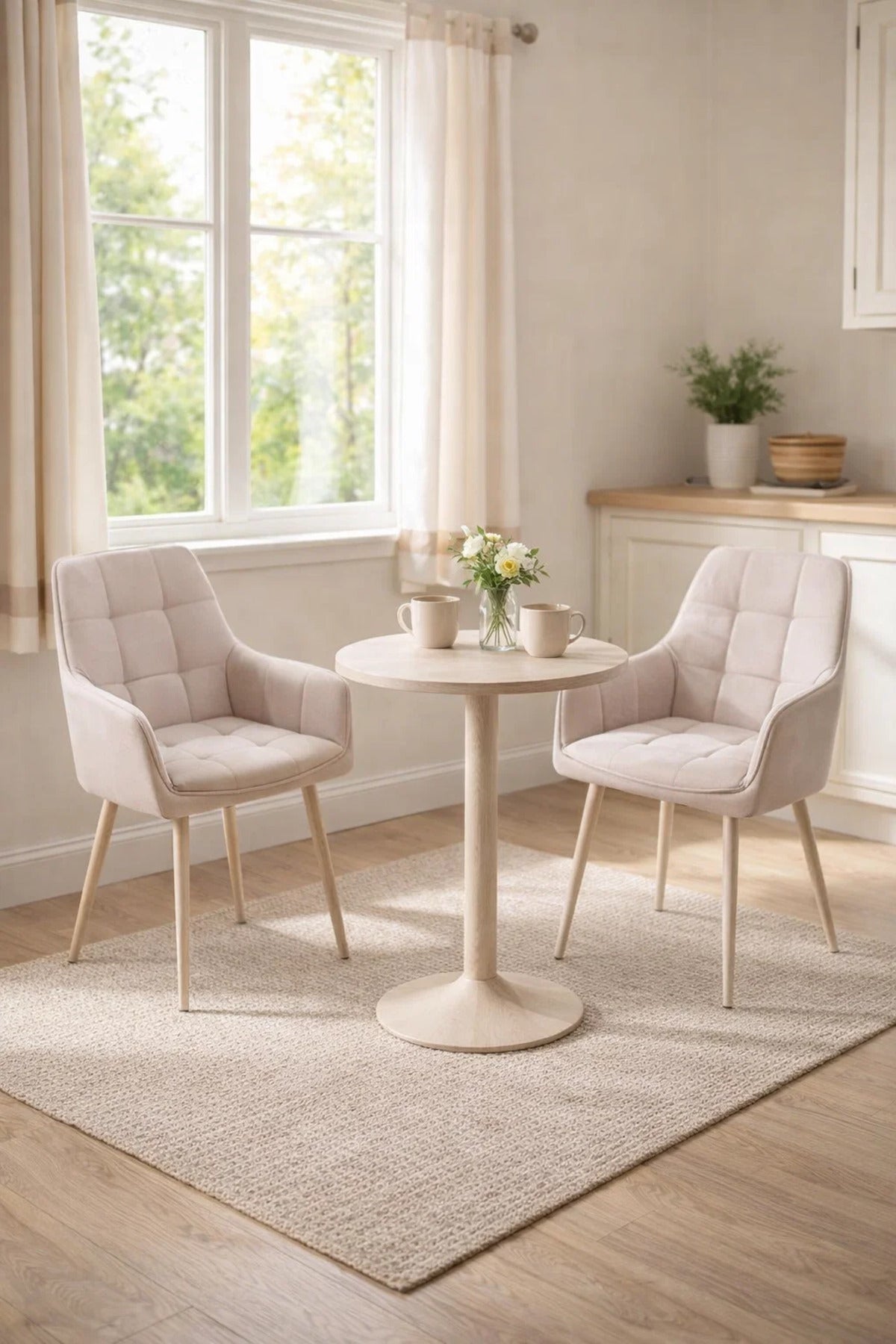 Stylish Beige Conversation Set 2 Soft Armchairs and Round Table for Balcony Cafe Office Nook