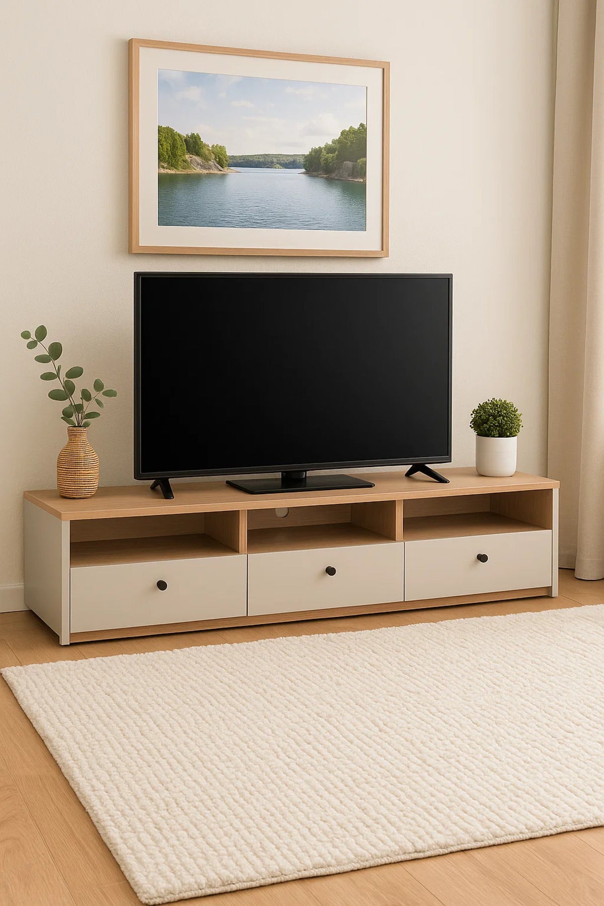Modern Low-Profile TV Stand in Wood & White Finish Ð 160x40x40 cm Storage Console