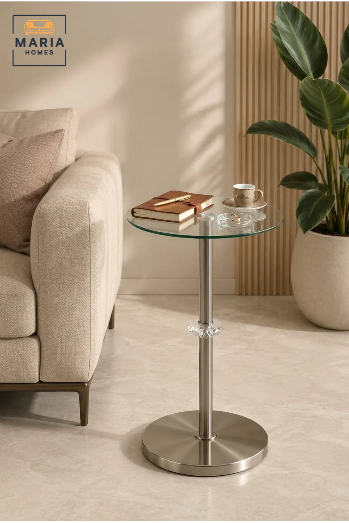 Modern Round Glass Side Table with Stainless Steel Pedestal Base