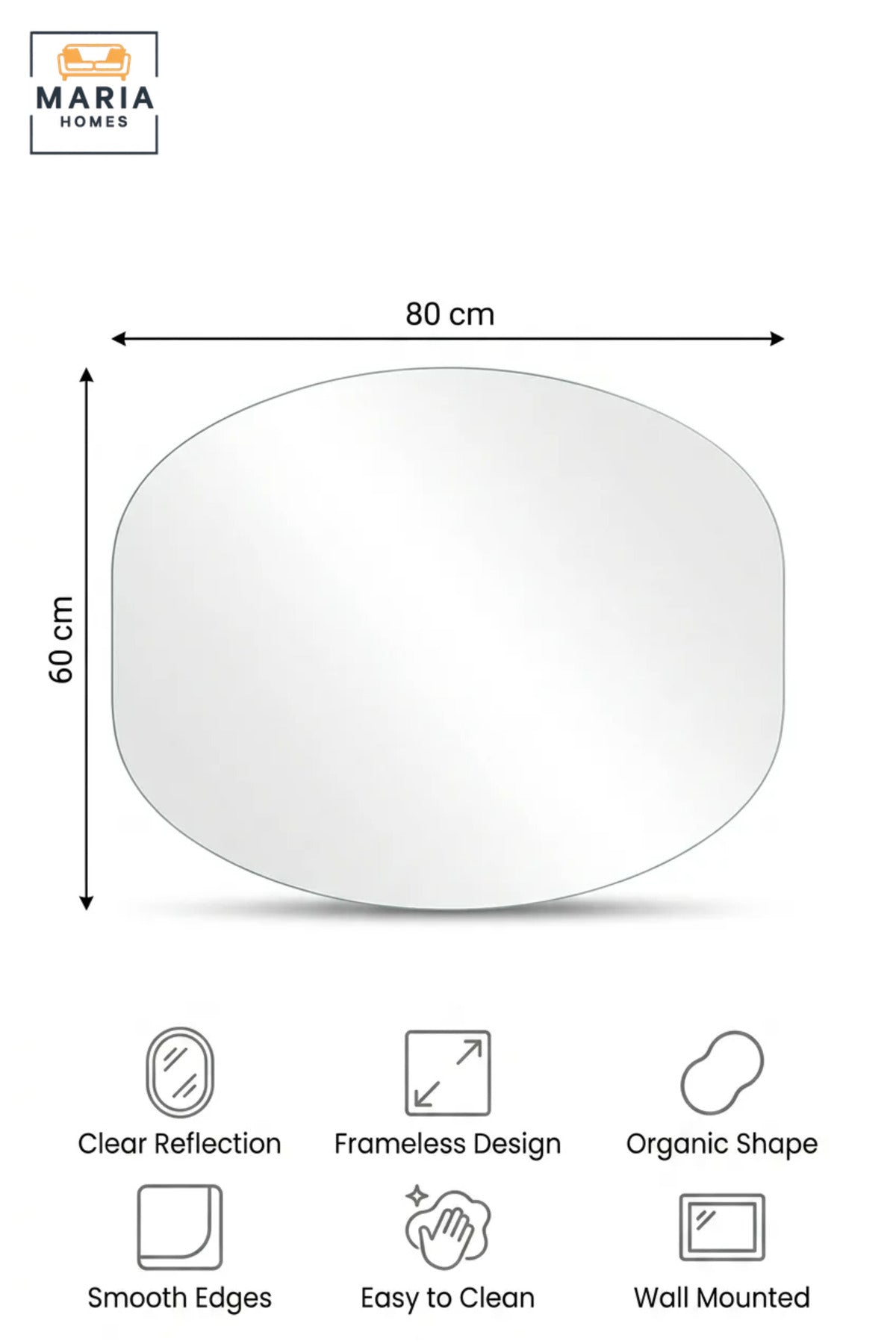 Frameless Oval Wall Mirror 80 × 60 cm with Soft Curved Shape, Modern Decorative Mirror for Bathroom, Bedroom, Dressing Area, Hallway, Entryway and Vanity