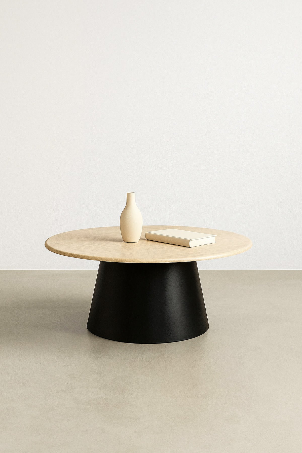 Modern Round Coffee Table with Wooden Top and Black Base Stylish Center Table 90_45cm